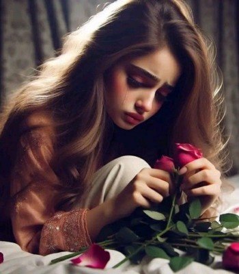 sad girl image with rose petals