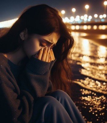 sad girl wearing blue sweater image