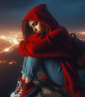 sad girl wearing red hoddie image